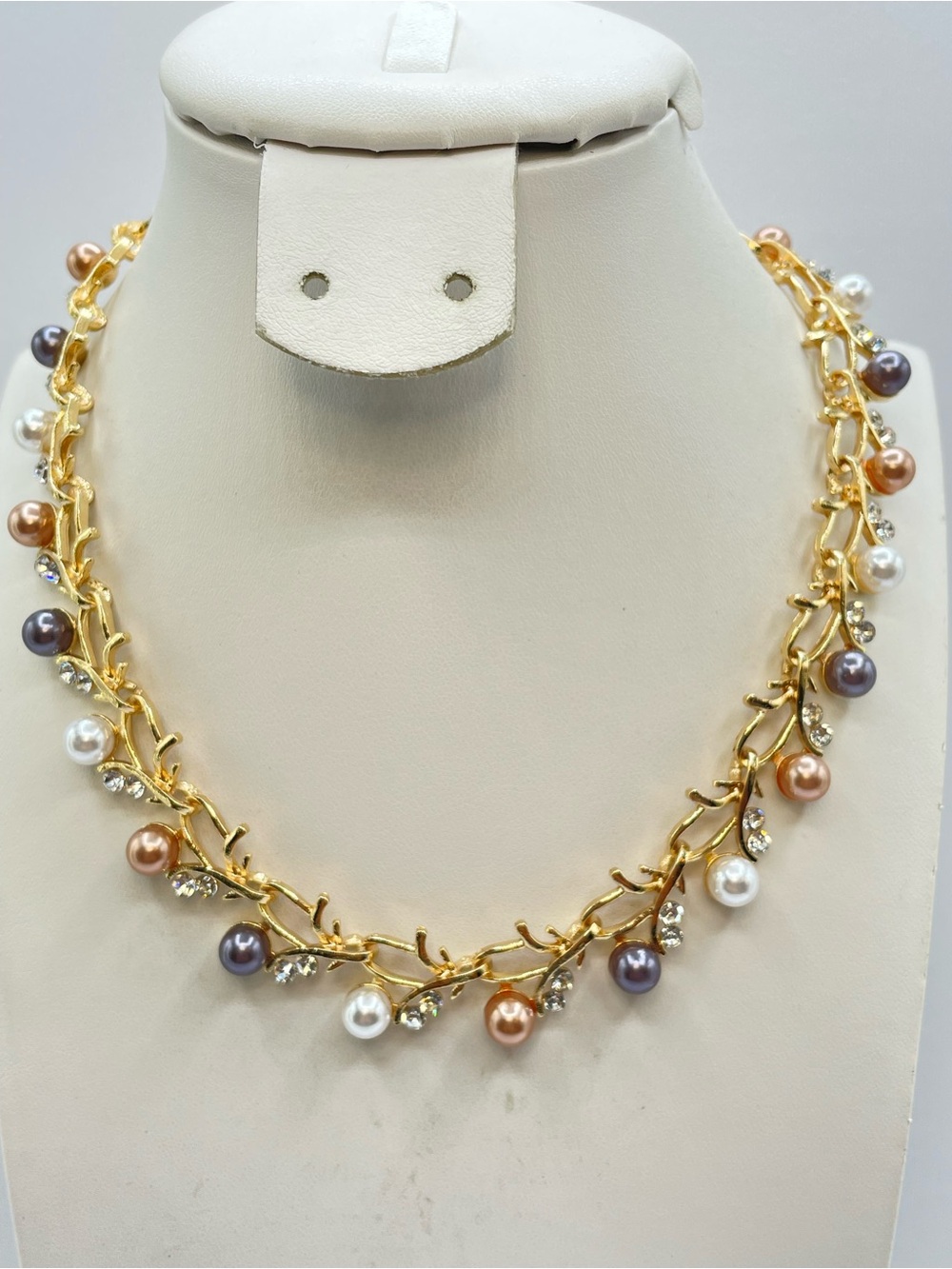 Gold Tri Color Faux Pearl Crystal Floral Branch Necklace Bridal Elegant